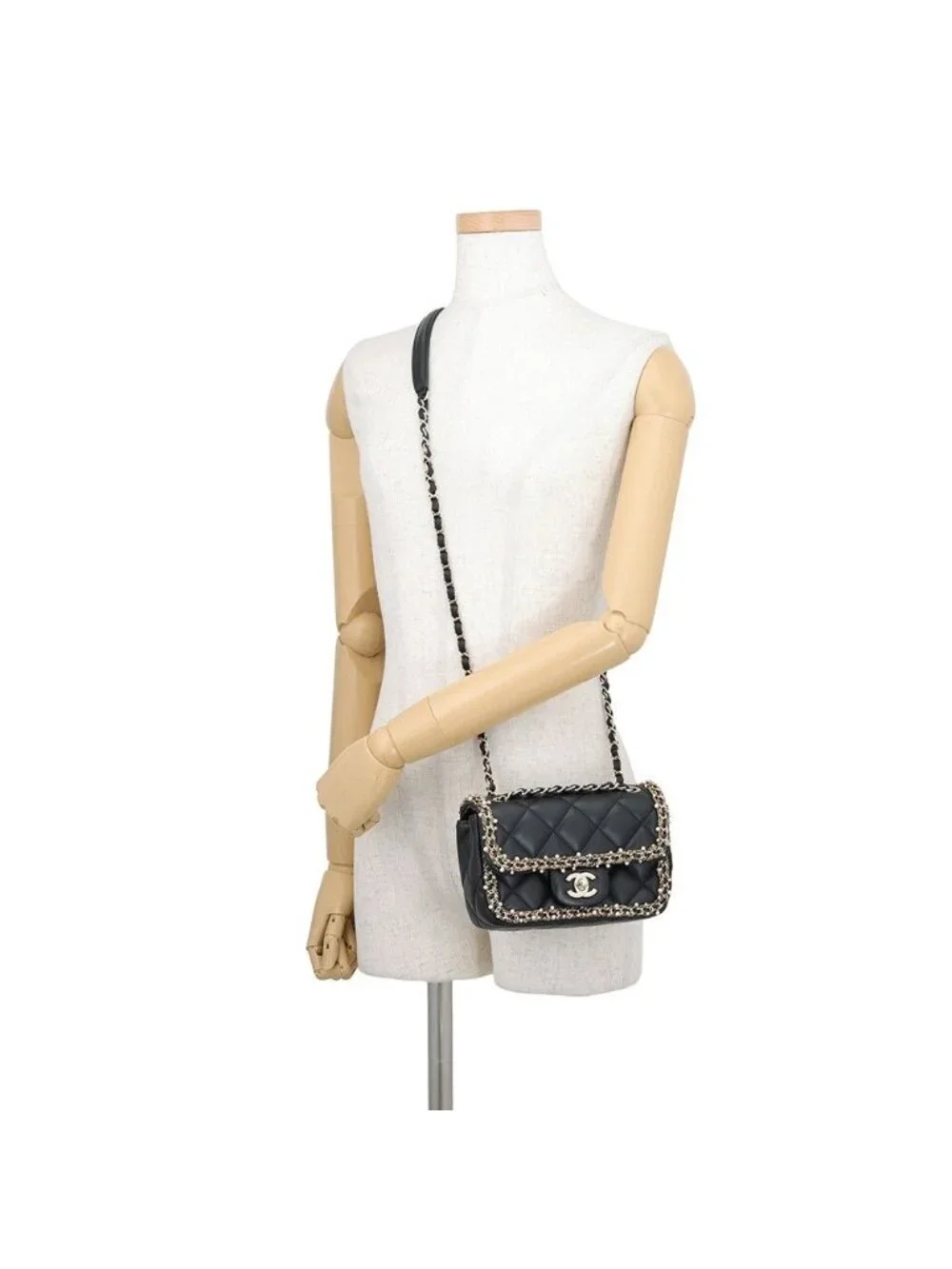 Chanel Chain Shoulder Bag Mini Quilted CC Logo Lambskin Faux Pearl Black